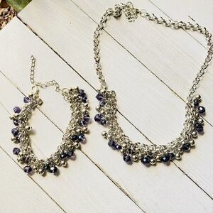Purple Crystal Silver Chain Necklace Bracelet Set